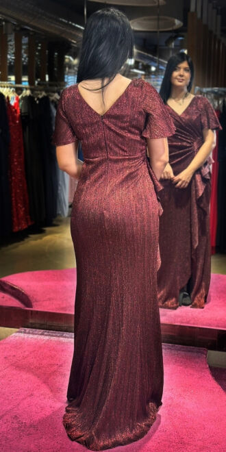 Burgundy Short Sleeve Slit Straight Cut Glitter Long Evening Dress 7653 - 5