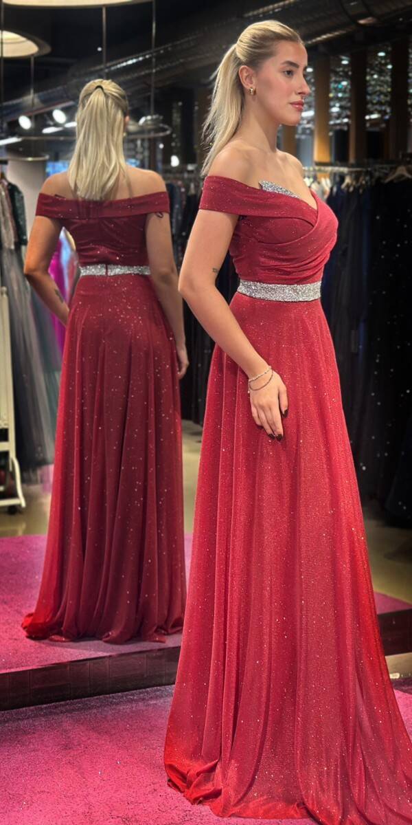 Burgundy Stone Detailed Flared Skirt Glitter Long Evening Dress 7661 - 3