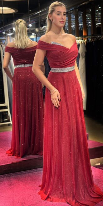Burgundy Stone Detailed Flared Skirt Glitter Long Evening Dress 7661 - 1