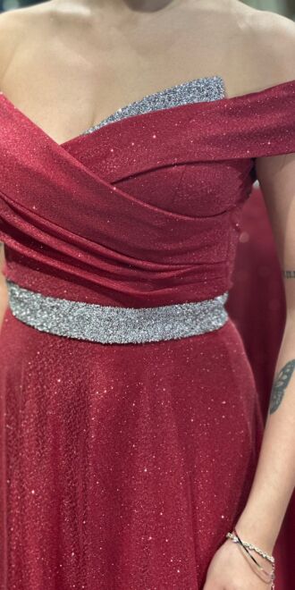 Burgundy Stone Detailed Flared Skirt Glitter Long Evening Dress 7661 - 4