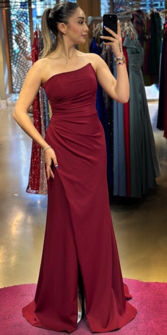 Burgundy Wrap Slit Straight Cut Crepe Long Evening Dress 7324 