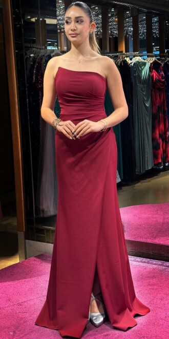 Burgundy Wrap Slit Straight Cut Crepe Long Evening Dress 7324 - 3