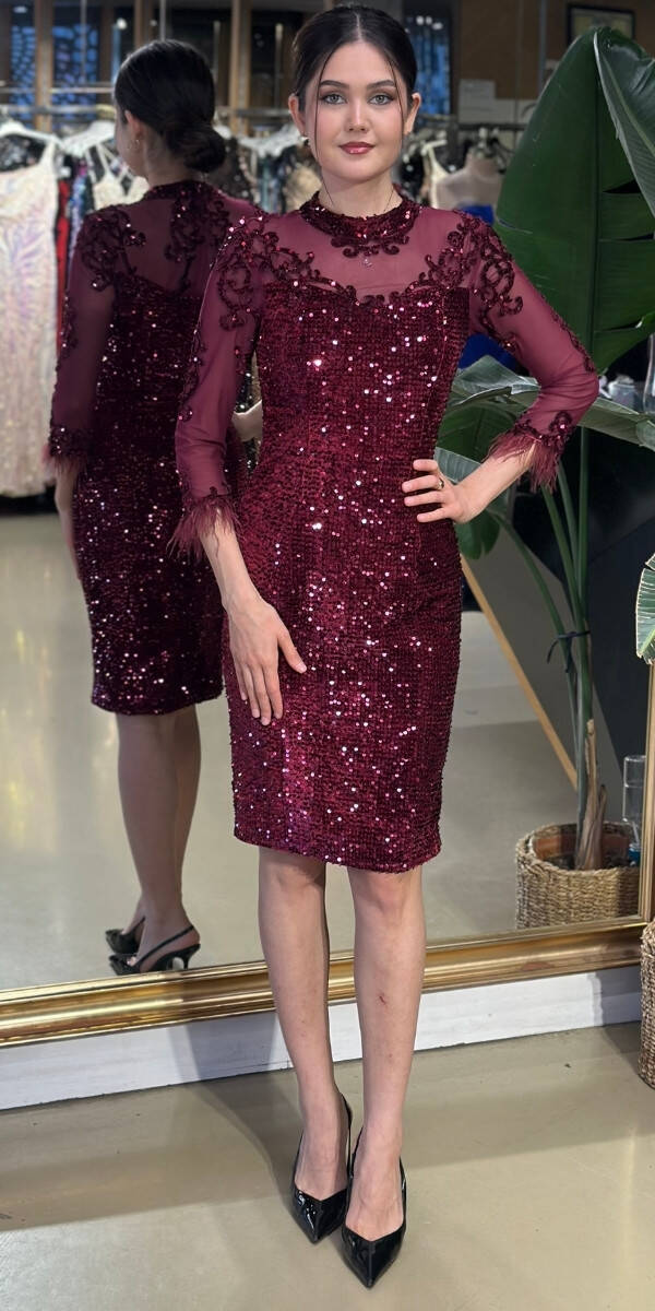 Cherry Red Long Sleeve Feather Detailed Velvet Sequin Short Evening Dress 7019 - 1