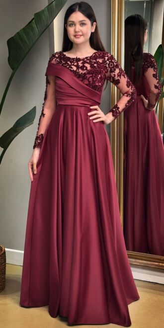 Cherry Red Long Sleeve Lace Detailed Flared Skirt Satin Long Evening Dress 7670 - abiyeniall