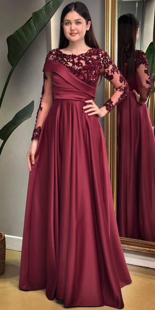 Cherry Red Long Sleeve Lace Detailed Flared Skirt Satin Long Evening Dress 7670 - 1