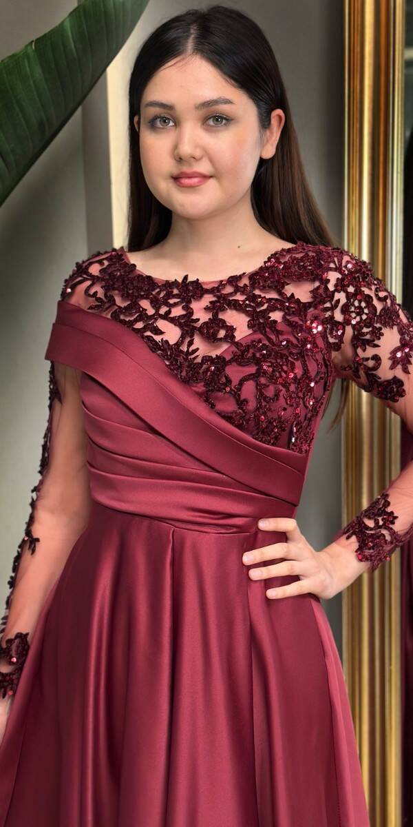 Cherry Red Long Sleeve Lace Detailed Flared Skirt Satin Long Evening Dress 7670 - 2