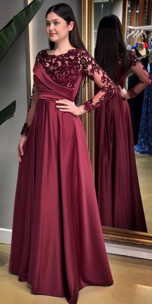 Cherry Red Long Sleeve Lace Detailed Flared Skirt Satin Long Evening Dress 7670 - 3