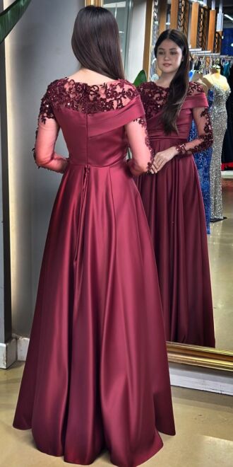 Cherry Red Long Sleeve Lace Detailed Flared Skirt Satin Long Evening Dress 7670 - 5