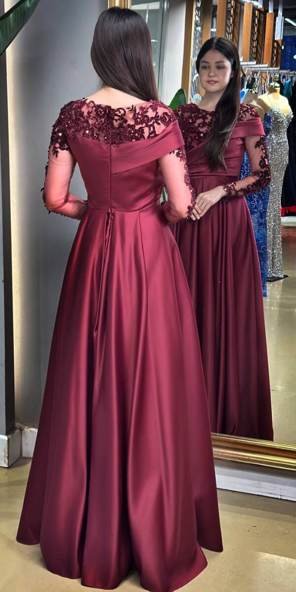 Cherry Red Long Sleeve Lace Detailed Flared Skirt Satin Long Evening Dress 7670 - 5