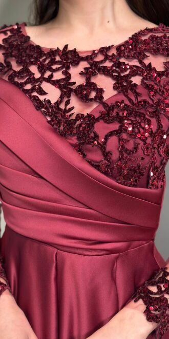 Cherry Red Long Sleeve Lace Detailed Flared Skirt Satin Long Evening Dress 7670 - 4