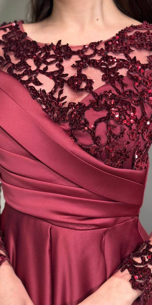 Cherry Red Long Sleeve Lace Detailed Flared Skirt Satin Long Evening Dress 7670 - 4