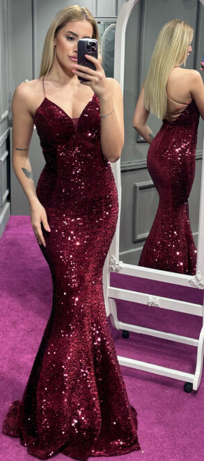 Cherry Red Spaghetti Strap Low-Cut Back Mermaid Skirt Velvet Sequin 6739 - 2