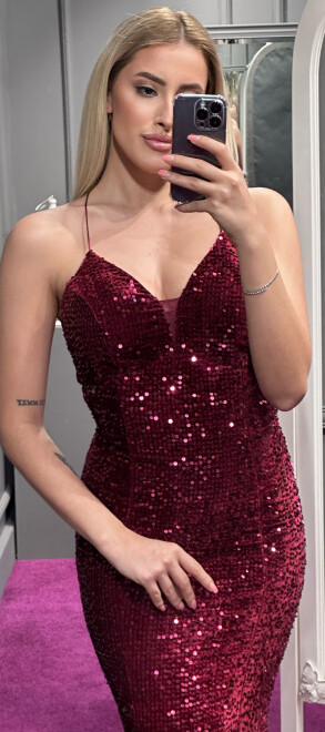 Cherry Red Spaghetti Strap Low-Cut Back Mermaid Skirt Velvet Sequin 6739 - 3