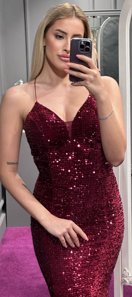 Cherry Red Spaghetti Strap Low-Cut Back Mermaid Skirt Velvet Sequin 6739 - 3