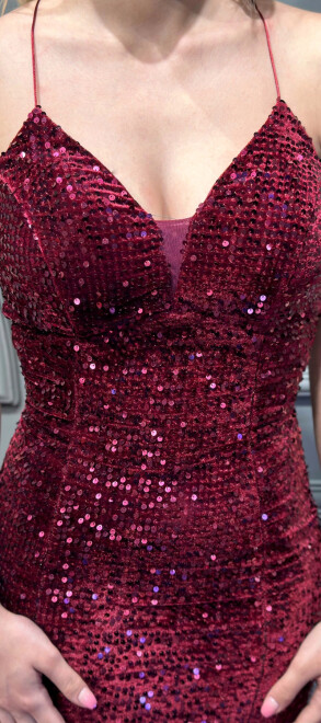 Cherry Red Spaghetti Strap Low-Cut Back Mermaid Skirt Velvet Sequin 6739 - 4