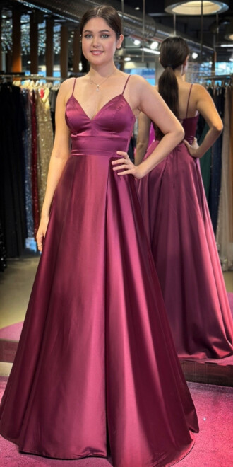 Cherry Red Spaghetti Strap Low-Cut Back Wrap Slit Flared Skirt Satin Long Evening Dress 6777 