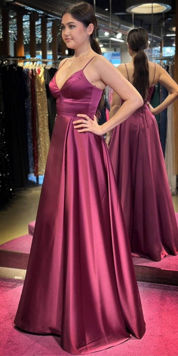 Cherry Red Spaghetti Strap Low-Cut Back Wrap Slit Flared Skirt Satin Long Evening Dress 6777 - 3