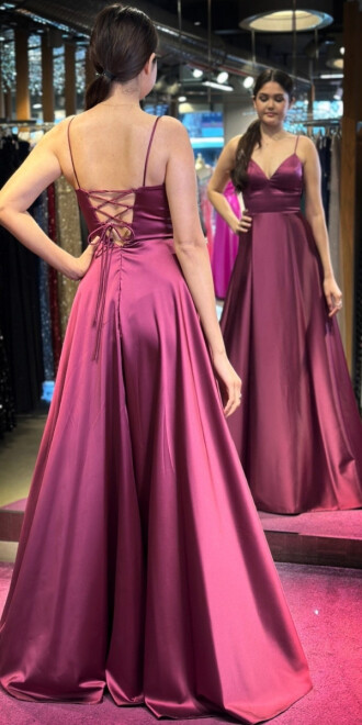 Cherry Red Spaghetti Strap Low-Cut Back Wrap Slit Flared Skirt Satin Long Evening Dress 6777 - 4