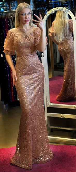 Copper Balloon Sleeve Lace Detailed Straight Cut Glitter Long Evening Dress 7278 - abiyeniall