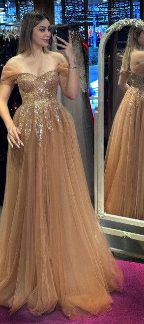 Copper Color Low Sleeve Lace Detailed Flared Skirt Tulle Long Evening Dress 7435 - abiyeniall