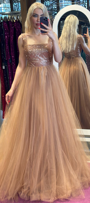 Copper Thick Strap Flared Skirt Tulle Long Evening Dress 7391 - abiyeniall