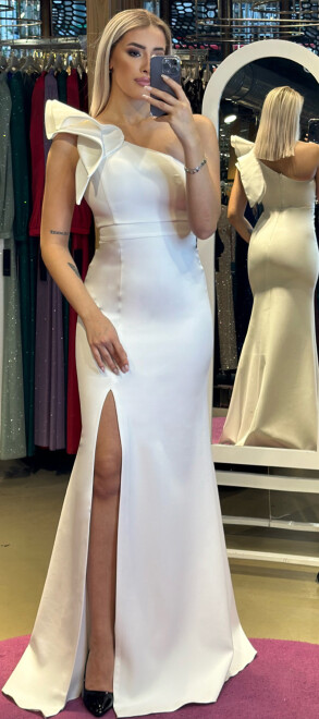 Ecru One Shoulder Slit Straight Cut Crepe Long Evening Dress 6956 - abiyeniall