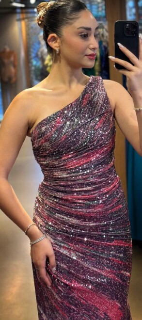 Fuchsia One Shoulder Slit Straight Cut Patterned Long Evening Dress 7473 - 2