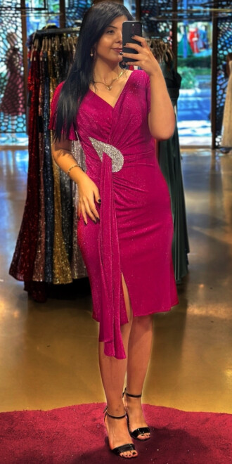 Fuchsia Short Sleeve Stone Detailed Straight Cut Glitter Midi Evening Dress 7514 - abiyeniall