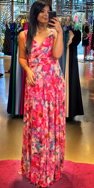 Fuchsia Thick Strap Flared Skirt Patterned Long Evening Dress 7594 - 1