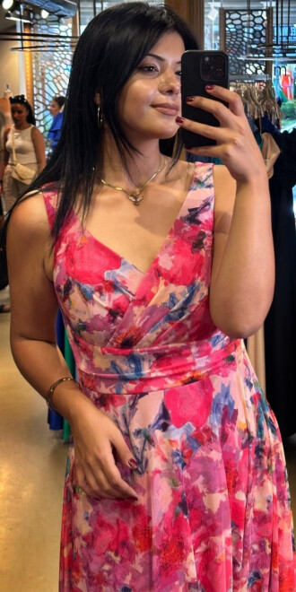 Fuchsia Thick Strap Flared Skirt Patterned Long Evening Dress 7594 - 2