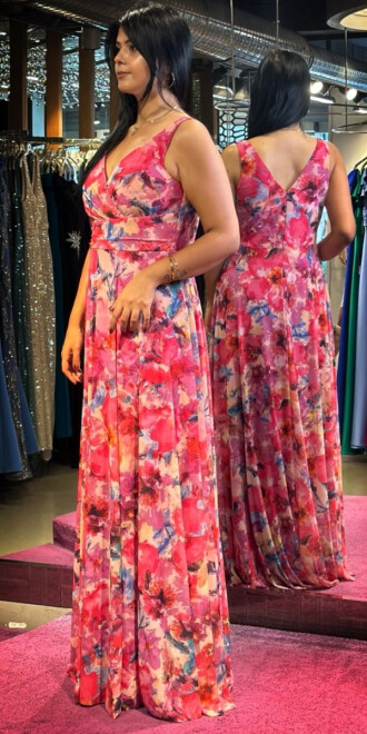 Fuchsia Thick Strap Flared Skirt Patterned Long Evening Dress 7594 - 3