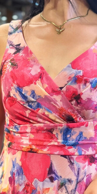 Fuchsia Thick Strap Flared Skirt Patterned Long Evening Dress 7594 - 4