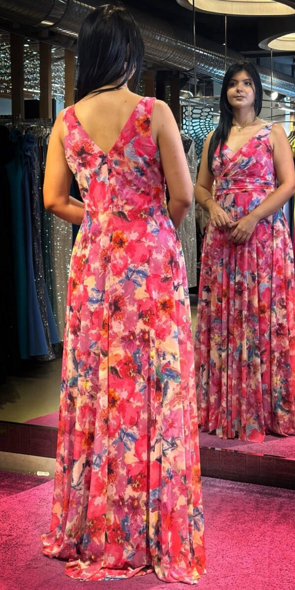 Fuchsia Thick Strap Flared Skirt Patterned Long Evening Dress 7594 - 5