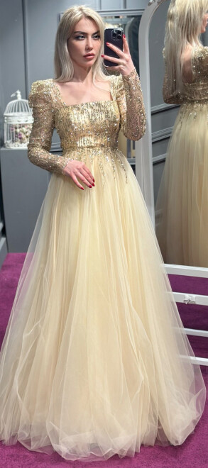 Gold Long Sleeve Flared Skirt Tulle Long Evening Dress 7352 - abiyeniall