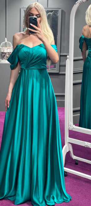Green Flared Skirt Satin Long Evening Dress 7350 