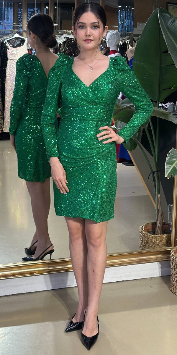 Green Long Sleeve Slit Straight Cut Sequin Short Evening Dress 7309 - 2