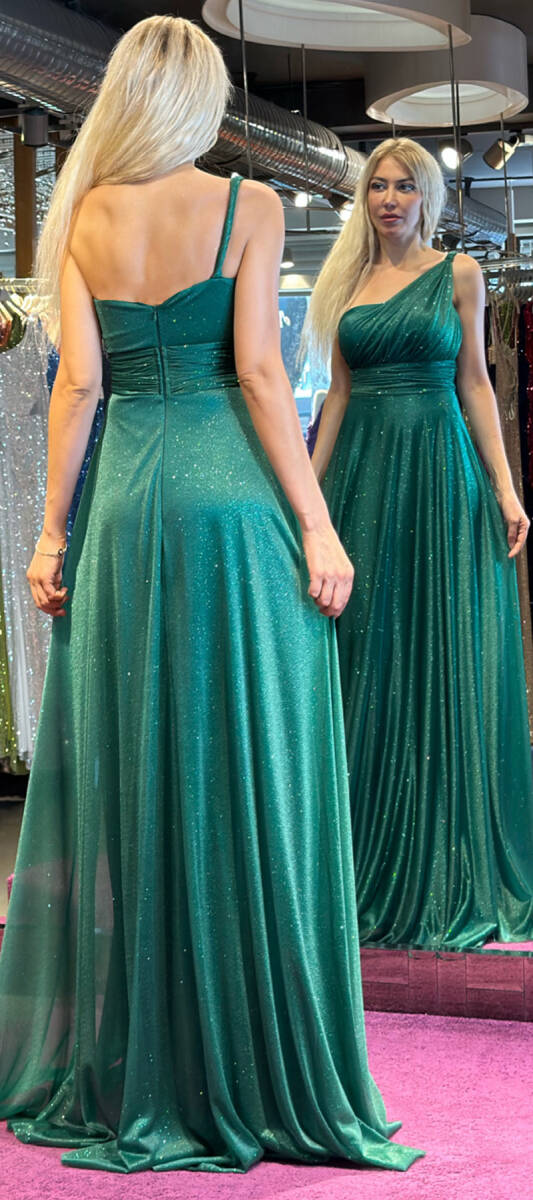 Green One Shoulder Belted Flared Skirt Glitter Fabric Long Evening Dress 7015 - 4