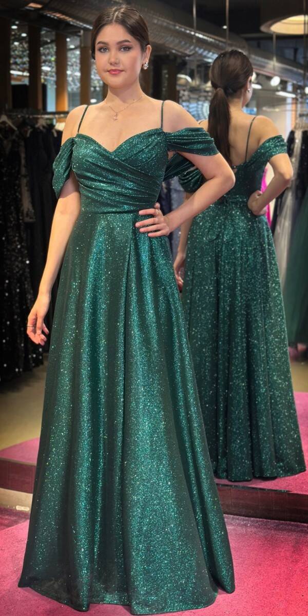 Green Spaghetti Strap Low-Cut Back Wrap Slit Flared Skirt Glitter Long Evening Dress 7633 - 1