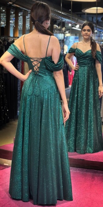 Green Spaghetti Strap Low-Cut Back Wrap Slit Flared Skirt Glitter Long Evening Dress 7633 - 4