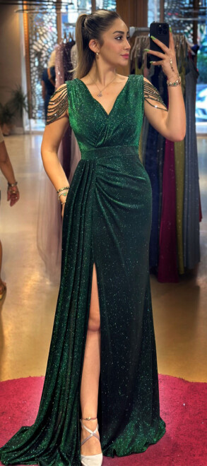 Green Thick Strap Beaded Slit Straight Cut Glitter Long Evening Dress 7551 - abiyeniall