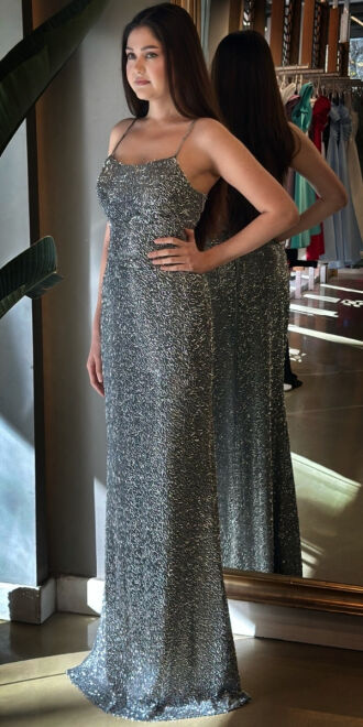 Grey Spaghetti Strap Low-Cut Back Straight Cut Beaded Sequin Long Evening Dress 7698 - 3