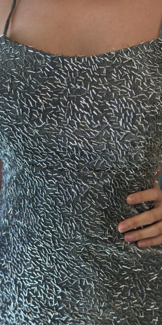 Grey Spaghetti Strap Low-Cut Back Straight Cut Beaded Sequin Long Evening Dress 7698 - 4