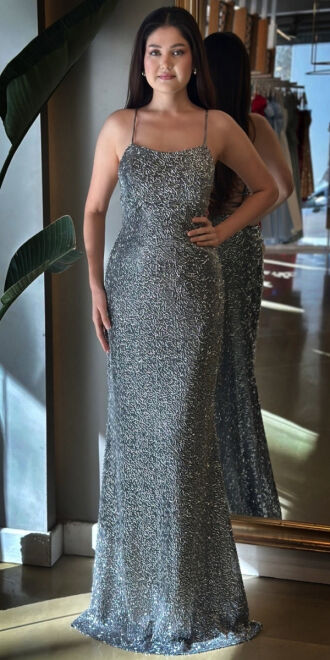 Grey Spaghetti Strap Low-Cut Back Straight Cut Beaded Sequin Long Evening Dress 7698 - 1