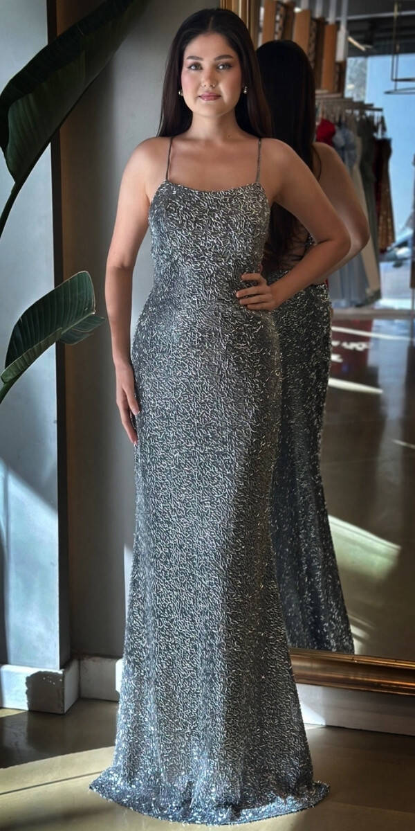 Grey Spaghetti Strap Low-Cut Back Straight Cut Beaded Sequin Long Evening Dress 7698 - 1