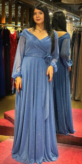 Indigo Long Sleeve Floral Detailed Flared Skirt Glitter Long Evening Dress 7656 - abiyeniall