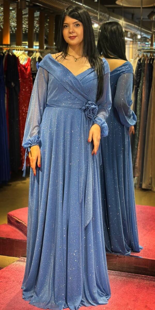 Indigo Long Sleeve Floral Detailed Flared Skirt Glitter Long Evening Dress 7656 - 1