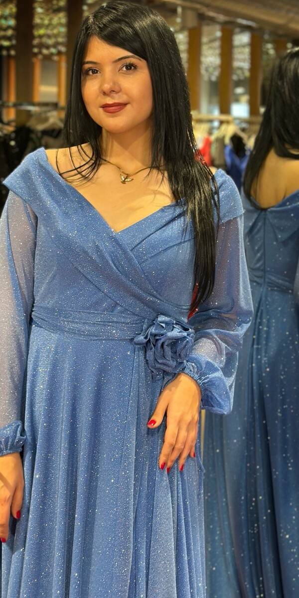 Indigo Long Sleeve Floral Detailed Flared Skirt Glitter Long Evening Dress 7656 - 2