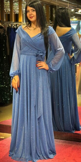 Indigo Long Sleeve Floral Detailed Flared Skirt Glitter Long Evening Dress 7656 - 3