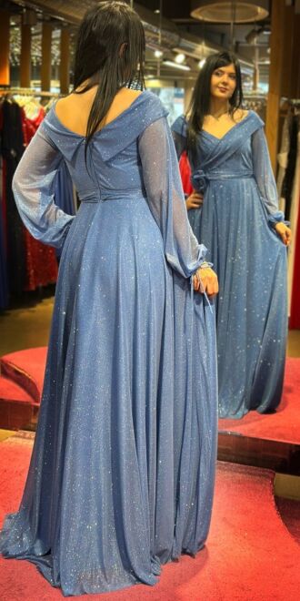 Indigo Long Sleeve Floral Detailed Flared Skirt Glitter Long Evening Dress 7656 - 5