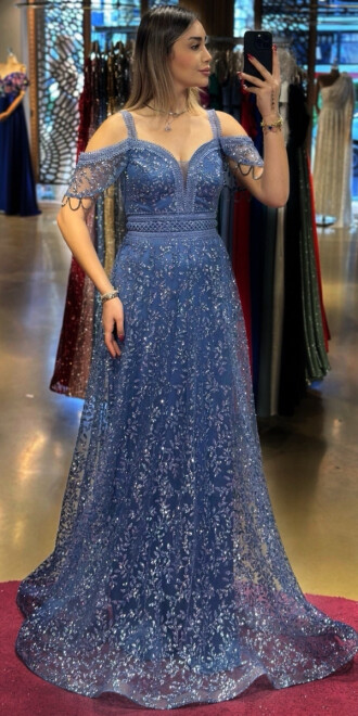 Indigo Low Sleeve Beaded Flared Skirt Glitter Long Evening Dress 7525 - abiyeniall